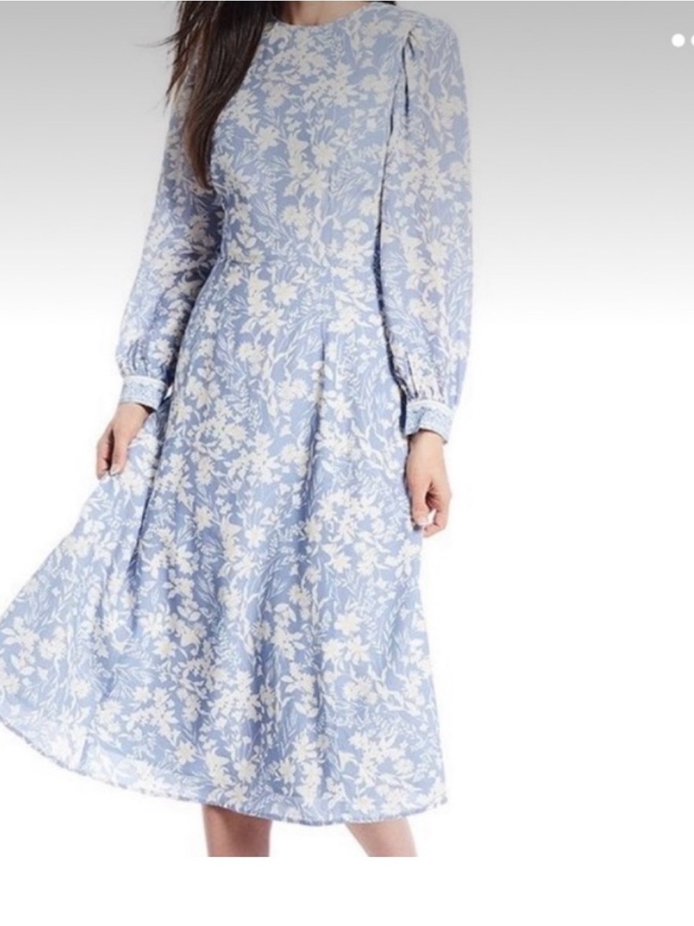 Light Blue Floral Long Sleeve Midi Dress
